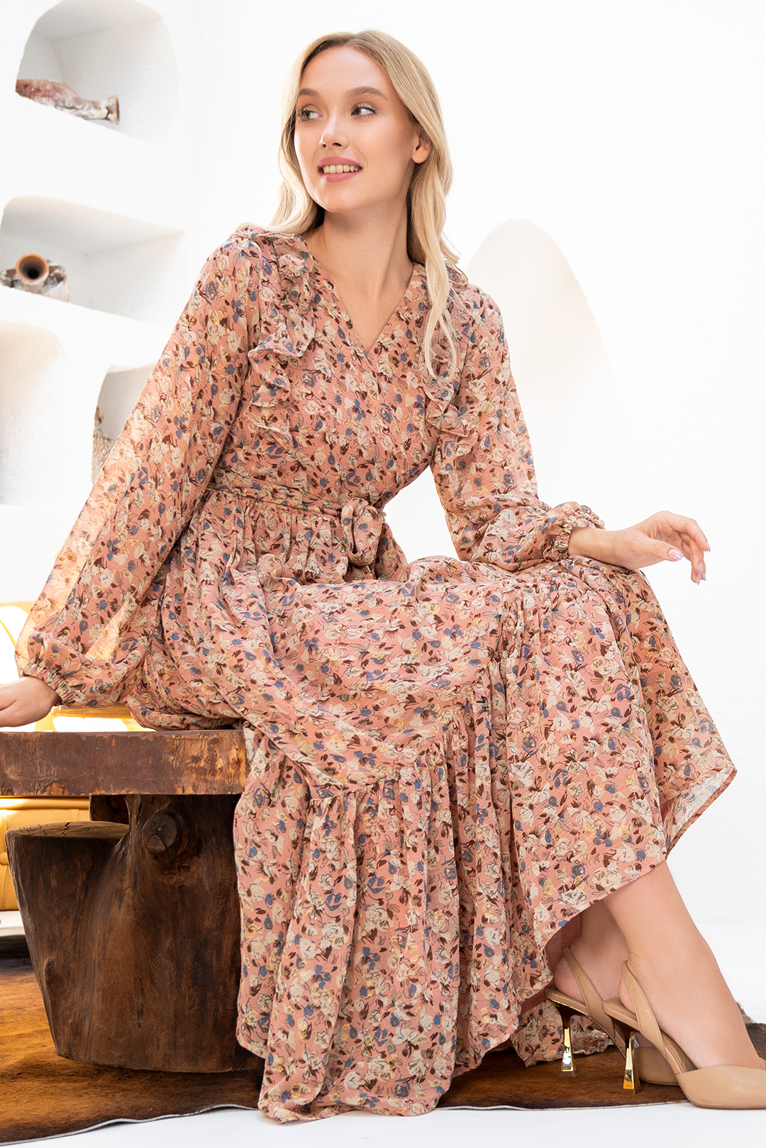 Peach long outlet sleeve maxi dress