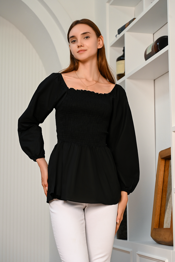 Shirred Peplum Blouse - Black