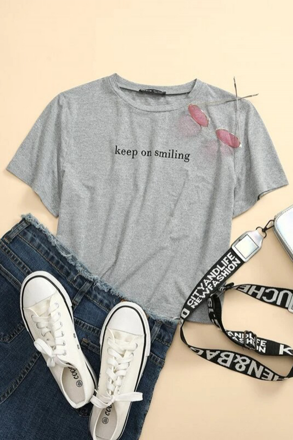 Grey Keep On Smiling Graphic Cropped Tee