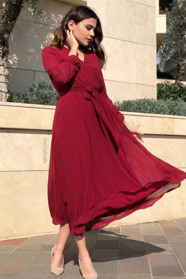 Double Breasted Maxi Chiffon Dress - Red