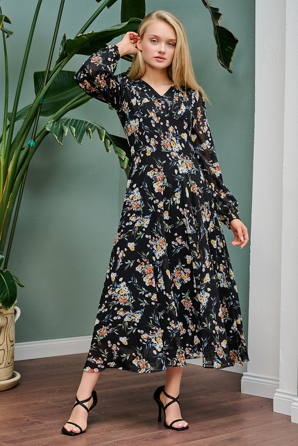 Black Floral Flared Maxi Dress