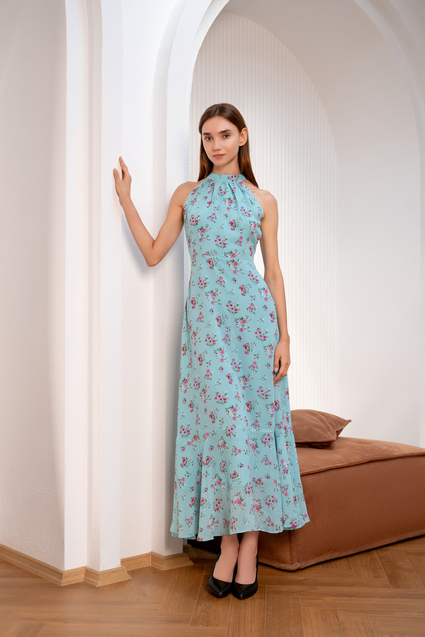 Aqua Floral Chiffon Printed Dress