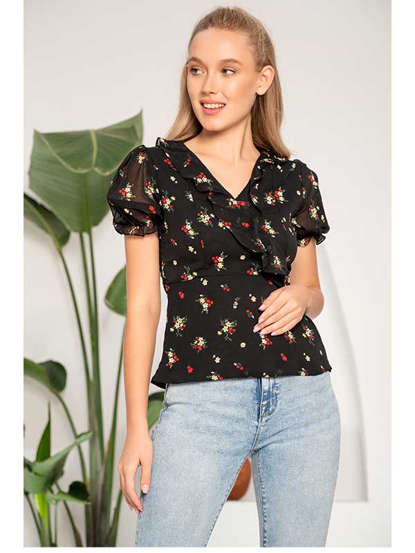 Black Printed Ruffle Trim V-neck Top